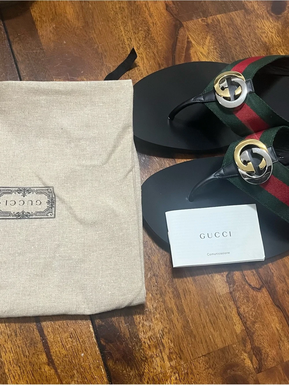 Gucci Men's Black Leather Thong Sandals with Green & Red Web Gold And Silver GG